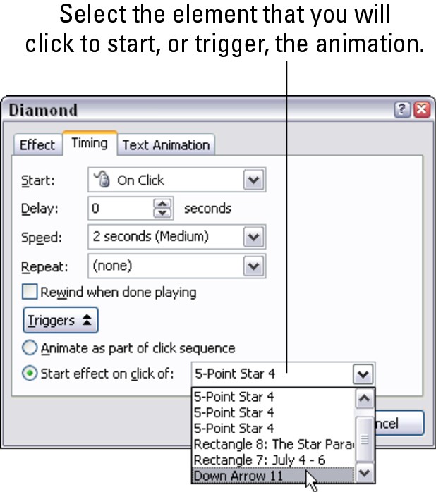 Figure 1-26: Selecting the element you will click to “trigger” an animation.